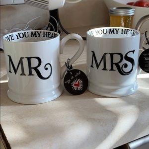 Mr. and Mrs. mugs. White mug with black lettering
